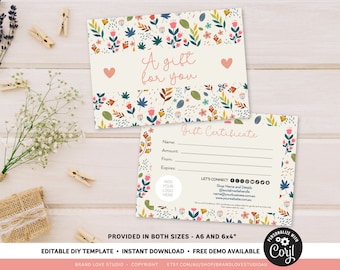 DIY Editable Business Gift Certificate, DIY Corjl Gift Voucher Template, Dainty Flowers Floral Card, Double Sided Card Template, Gift Card