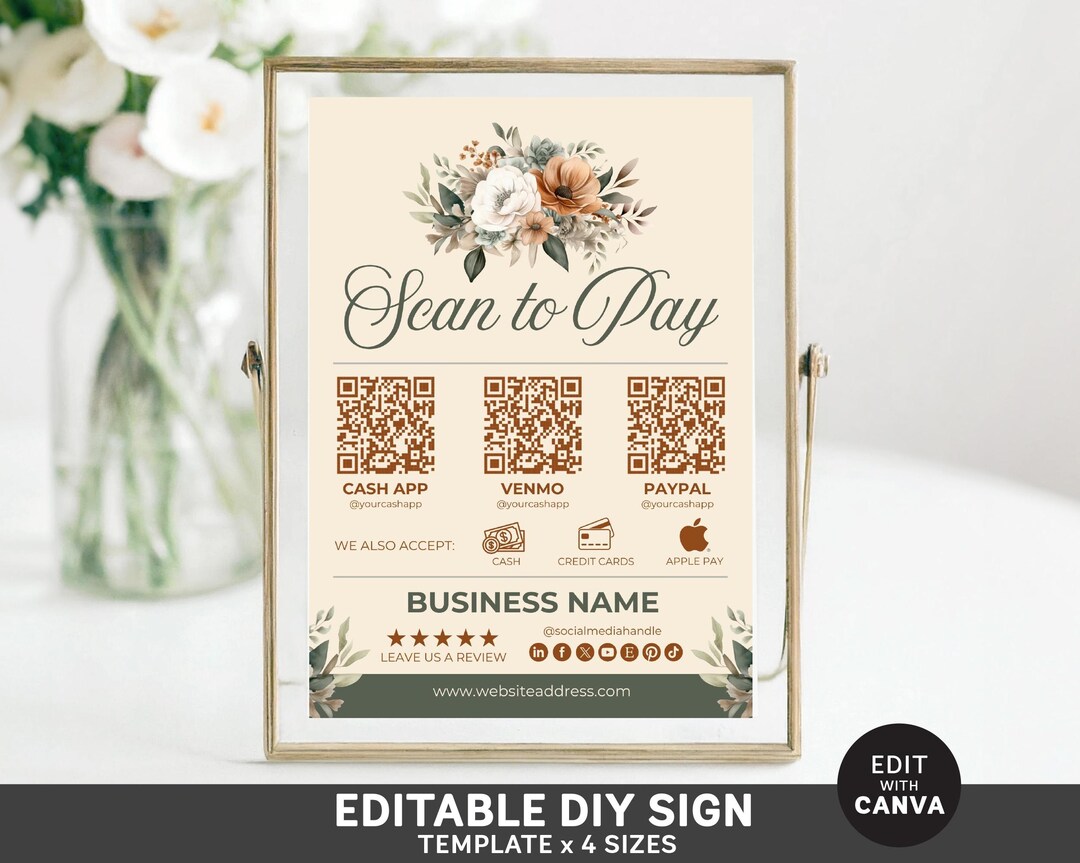 Canva Editable Scan to Pay Sign QR Code Sign Payment Sign Boho Floral ...