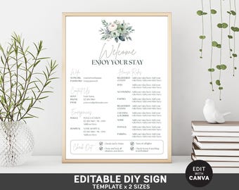Canva Editable AirBnb Welcome Sign Wifi Sign Boho Floral Airbnb Welcome Guests Sign Template Short Term Rental Airbnb Rules CheckOut - Emily