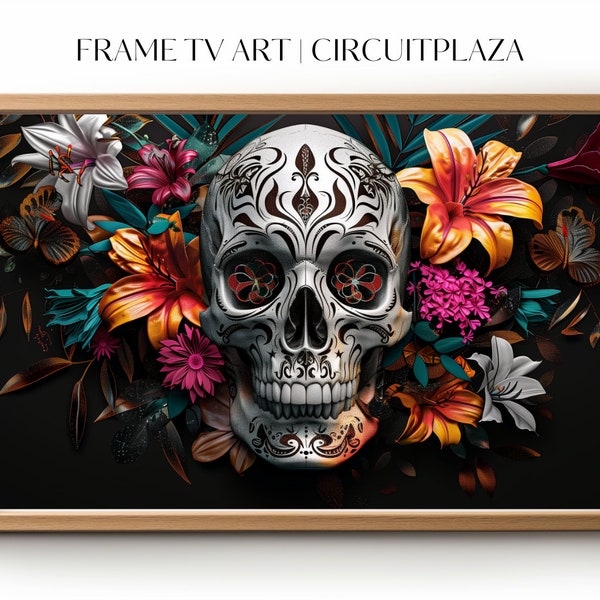 Tribal Totenkopf zwischen tropischen Blüten | sofort Download | TV Rahmen Kunst | TV Frame Art | Wallpaper | digitale Datei