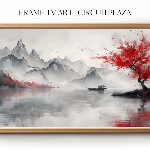 Chinesischer See mit einem kleinen Boot und einem Kirschbaum | sofort Download | TV Rahmen Kunst | TV Frame Art | Wallpaper | digitale Datei