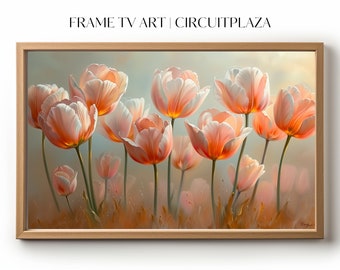 Pastellmalerei von anmutigen weißen orangegetränkten Tulpen | sofort herunterladen | TV Rahmen Kunst | TV-Rahmenkunst | Hintergrundbild | digitale Datei