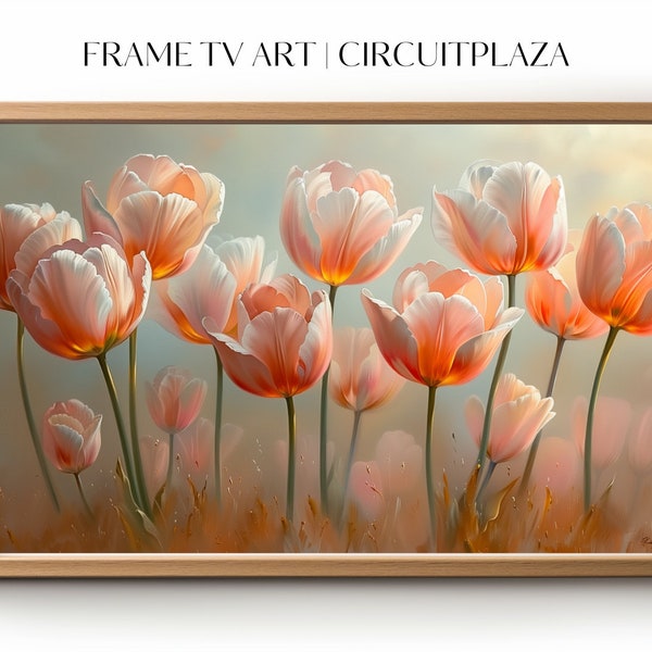 Pastel Malerei von anmutigen weißen orangegetränkten Tulpen | sofort Download | TV Rahmen Kunst | TV Frame Art | Wallpaper  | digitale Datei