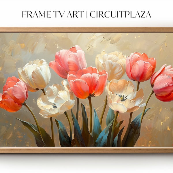 Pastelmalerei weißer und rosaner Tulpen mit blauen Blättern | sofort Download | TV Rahmen Kunst | TV Frame Art | Wallpaper | digitale Datei