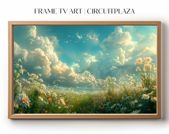 Graslandschaft mit Gänseblümchen unter faszinierendem Himmel | sofort herunterladen | TV Rahmen Kunst | TV-Rahmenkunst | Hintergrundbild | digitale Datei
