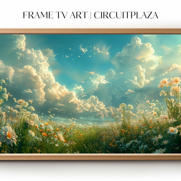 Graslandschaft mit Gänseblümchen unter faszinierendem Himmel | sofort Download | TV Rahmen Kunst | TV Frame Art | Wallpaper | digitale Datei