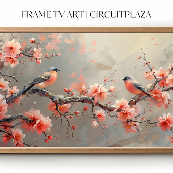 Rotkehlchen in chinesischen Kirschblüten | sofort Download | TV Rahmen Kunst | TV Frame Art | Wallpaper | digitale Datei