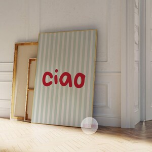 Ciao Print Stripes Wall Art Descarga digital Decoración del hogar Italiano Hola Hola Saludo Funky Verde Rojo Colorido Brillante