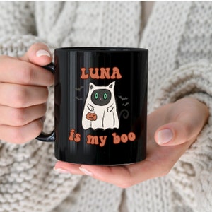 Custom Cat Mug, Halloween Cat Name Mug, Customized Cat Mug, Personalized Coffee Mug, Personalized Pet Mug, Cat Lover Mug, Custom Pet Mug