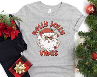 Kids Christmas Shirt, Santa Christmas Shirt, Christmas Kids Tee, Holiday Shirt, Christmas Tee, Holly Jolly Vibes, Retro Santa Shirt