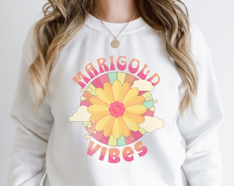 Sudadera retro de flores del mes de nacimiento de octubre, camisa de flores del mes de nacimiento, camisa del mes de nacimiento, regalo de camisa de flores de caléndula, sudadera de otoño groovy