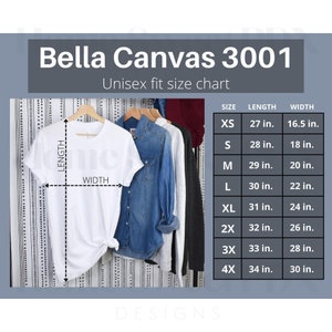 Puede incluir: Tabla de tallas para camisetas unisex Bella Canvas 3001. La tabla muestra la longitud y el ancho en pulgadas para las tallas XS a 4X.