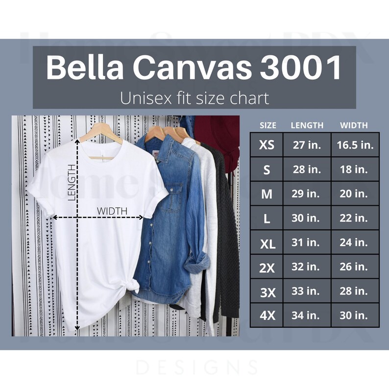 Puede incluir: Tabla de tallas para camisetas unisex Bella Canvas 3001. La tabla muestra la longitud y el ancho en pulgadas para las tallas XS a 4X.