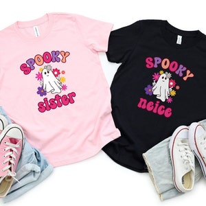 Custom Retro Halloween Kids Shirt, Personalized Kids Sister Daughter Granddaughter Neice Cousin Halloweeen Shirt, Halloween Spooky Kids Tee