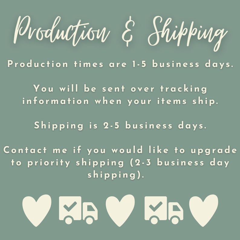 May include: Production and shipping information for an online shop. The text states that production times are 1-5 business days, shipping is 2-5 business days, and priority shipping is available for 2-3 business days. The text is accompanied by three heart icons and two truck icons with check marks.