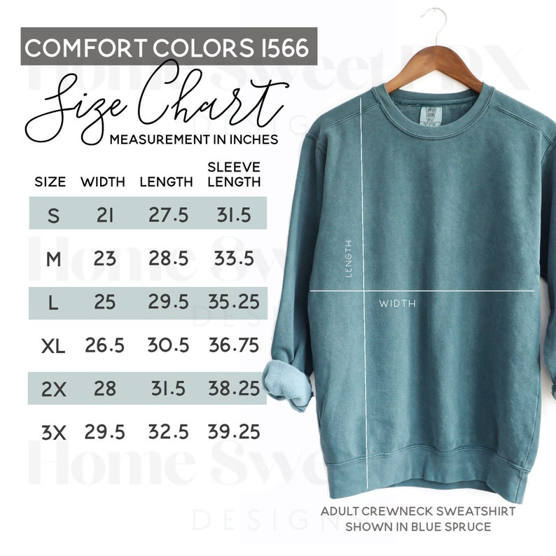 Puede incluir: Tabla de tallas para una sudadera con cuello redondo en azul abeto. La tabla muestra las medidas en pulgadas para el ancho, la longitud y la longitud de la manga para las tallas S, M, L, XL, 2X y 3X.
