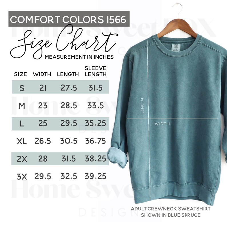 May include: Size chart for a crewneck sweatshirt in blue spruce. The chart shows measurements in inches for width, length, and sleeve length for sizes S, M, L, XL, 2X, and 3X.
