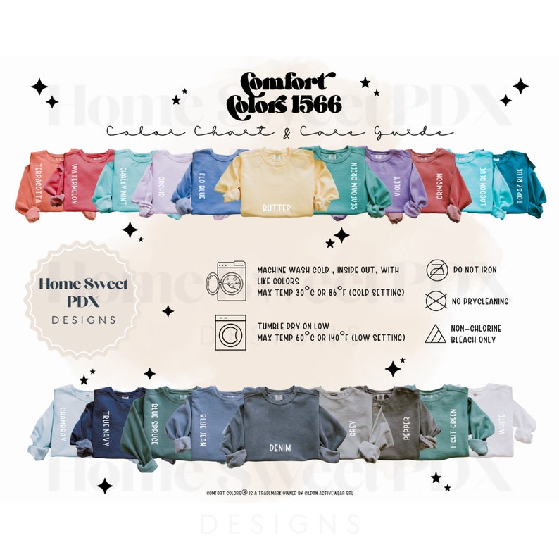 Puede incluir: Una carta de colores para las sudaderas Comfort Colors 1566, que muestra 18 colores diferentes. La carta incluye instrucciones de cuidado para lavar y secar las sudaderas a m&aacute;quina. El texto "Home Sweet PDX Designs" est&aacute; en la parte inferior de la carta.