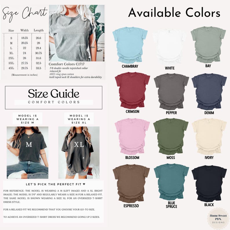 May include: Size chart and color options for a t-shirt. The chart shows width and length measurements in inches for sizes S through 4XL. The color options include Chambray, White, Bay, Crimson, Pepper, Denim, Blossom, Moss, Ivory, Espresso, Blue Spruce, and Black.