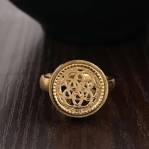 Geometric Brass Ring, Mandala Pattern Ring, Sacred Geometry Jewelry, Adjustable Gold Ring, Handmade Boho Ring, Gift For Her