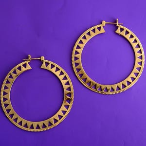 Large Brass Geometric Hoop Earrings, Tribal Statement Earrings, Boho Triangle Hoop, Ethnic Brass Jewelry, Lightweight Bold Earrings