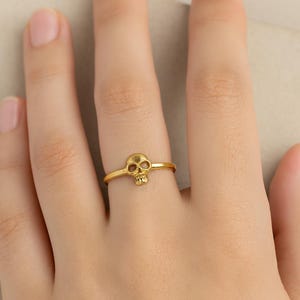 Puede incluir: Un anillo dorado con un pequeño diseño de calavera. La calavera tiene cuencas de los ojos, nariz y dientes detallados. El anillo se lleva en un dedo, mostrando el delicado diseño de la joya.