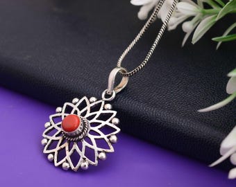 Red Coral Silver Pendant Necklace: Handmade Oxidized Boho Mandala