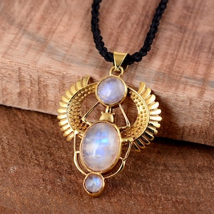 Rainbow Moonstone Scarab Pendant Necklace, Egyptian Beetle Amulet Jewelry, Brass Boho Protection Talisman, Healing Gift for Her