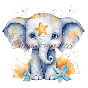 Packen Sie 10 kleine Elefanten- und Stern-Aquarellbilder, Clipart, digitaler Download, 10 JPG HQ 4096x4096 - 300 DPI, für den Digitaldruck.
