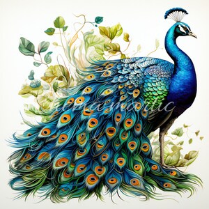 10 imágenes de acuarelas de pavo real y flores , clipart, descarga digital, 10 JPG alta calidad de 4096x4096 - 300 ppp (DPI), papel digital.