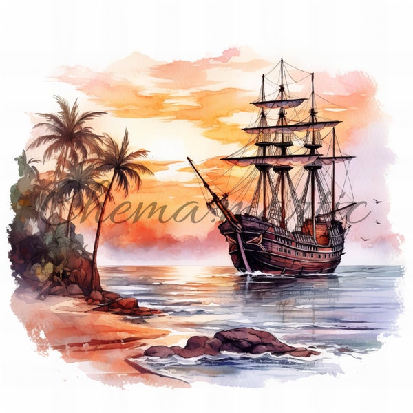 Pack 10 vieux galion en images de peinture des Caraïbes, clipart, téléchargement numérique, 10 JPG Haute Qualité 4096x4096 - 300 DPI, impression numérique.