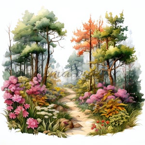 pack 10 watercolor images forests with flowers and paths, clipart, digital download, 10 JPG High quality 4096x4096-300 DPI, digital printing