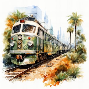Confezione da 10 immagini di colori ad acquerello di tram e treni vintage della città, clipart, download digitale, 10 JPG HQ 4096x4096 - 300 DPI, stampa digitale.