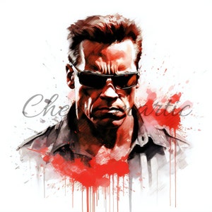 May include: A watercolor painting of a man with short brown hair wearing sunglasses. The man has a serious expression on his face. The background is a white canvas with red splatters of paint.