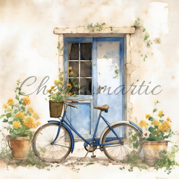 Pack 10 bicycle window door and flowers watercolor paintings, digital download, 10 JPG high quality 4096x4096-300 DPI, for digital printing