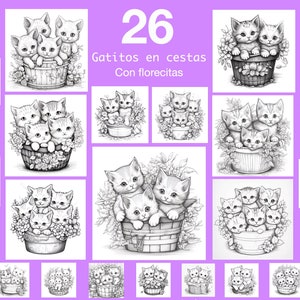 Puede incluir: Una colección de 26 ilustraciones en blanco y negro de gatitos en cestas con flores. El título "Gatitos en cestas Con florecitas" está escrito en español en la parte superior de la imagen.