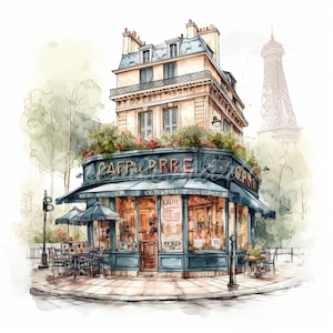 Pacote de 10 imagens em aquarela de cafés de Paris (fictícias), clipart, download digital, 10 JPG de alta qualidade 4096x4096 - 300 DPI, impressão digital.