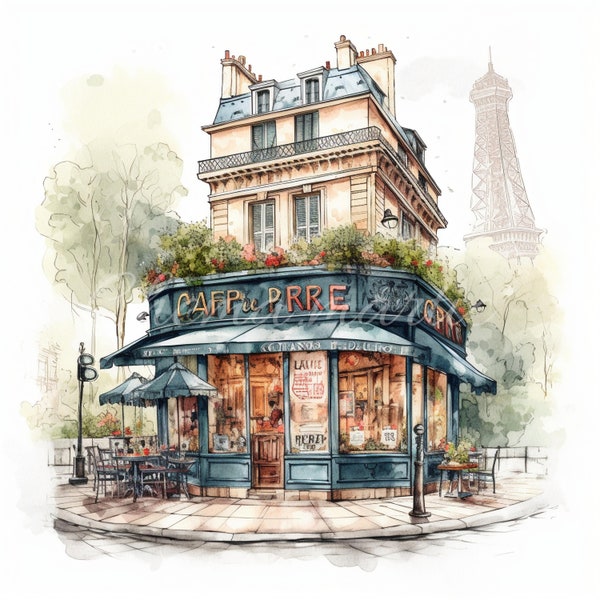 Pack 10 Paris cafes watercolor images ( fictitious ), clipart, digital download, 10 JPG high quality 4096x4096 - 300 DPI, digital printing.