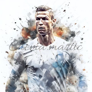 May include: A watercolor painting of a man in a white and blue soccer jersey. The background is a white and brown watercolor splatter.