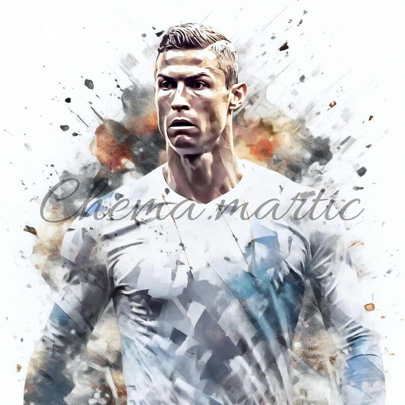 May include: A watercolor painting of a man in a white and blue soccer jersey. The background is a white and brown watercolor splatter.