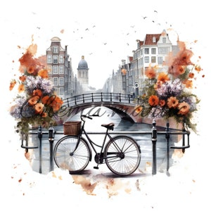 Pack 10 bicycles on Amsterdam bridge artistic paintings images, clipart, digital download, 10 JPG HQ 4096x4096-300 DPI, for digital printing