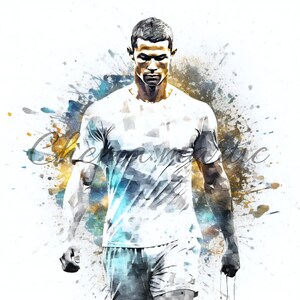 May include: A watercolor painting of a soccer player in a white jersey with a blue and green abstract background.