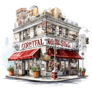 Pack 10 images de cafés new-yorkais ( fictives ), clipart, téléchargement numérique, 10 JPG haute qualité 4096x4096 - 300 DPI, pour impression numérique.