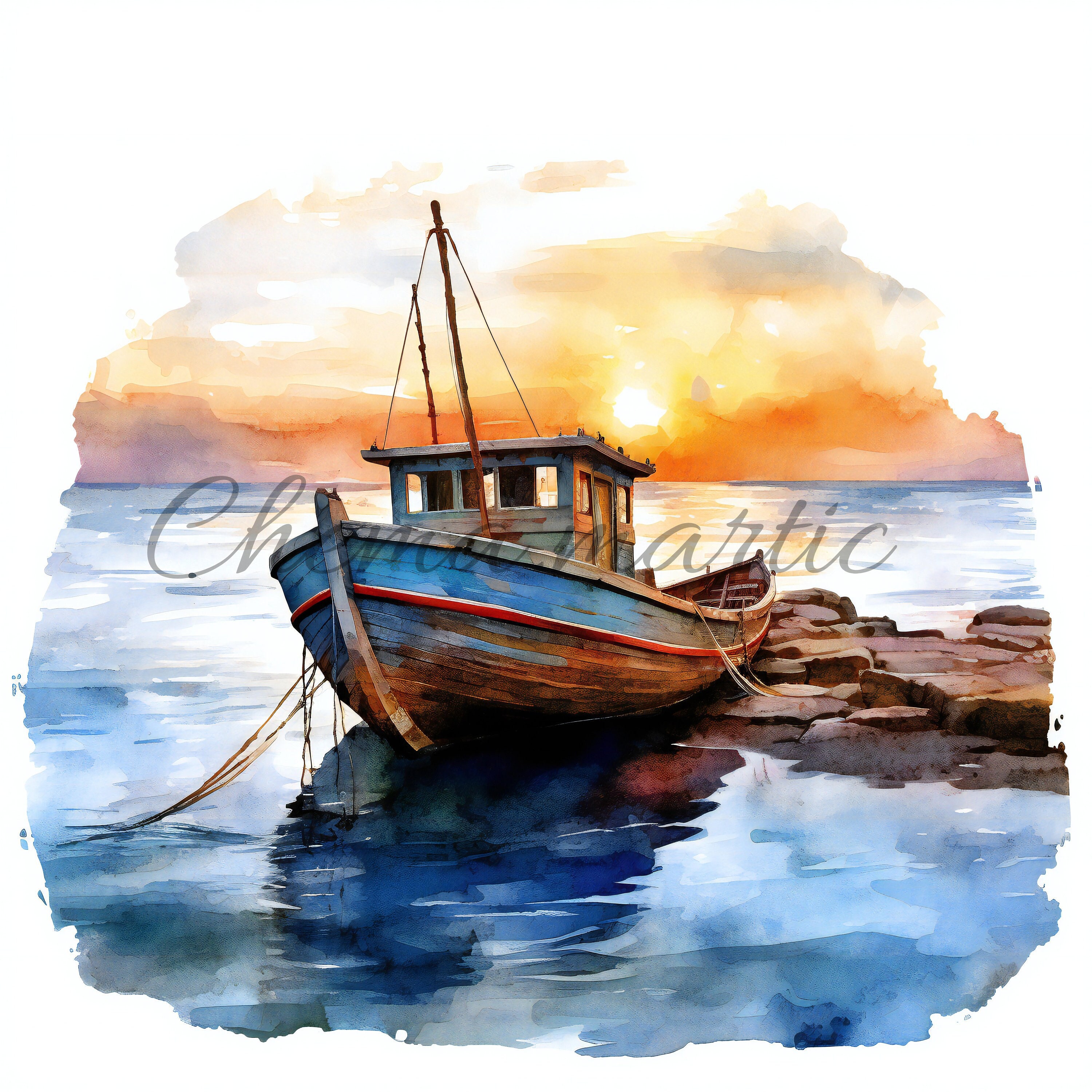 Pack 10 Images of Boat and Sunset Watercolor Painting, Clipart
