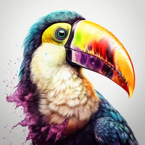 May include: A colorful toucan with a large, bright orange, yellow, and purple beak. The toucan is surrounded by splashes of pink, purple, and blue paint.