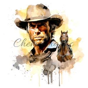 May include: A watercolor painting of a man wearing a brown cowboy hat and a brown shirt. He has a serious expression on his face. A brown horse is visible in the background.