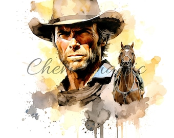 Pack 10 Clint Eastwood western paintings images, clipart, digital download, 10 JPG high quality 4096x4096 - 300 DPI, digital printing.