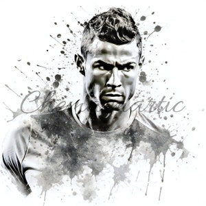 May include: Black and white digital art portrait of a man with short, spiky hair. The background is a white canvas with black paint splatters.
