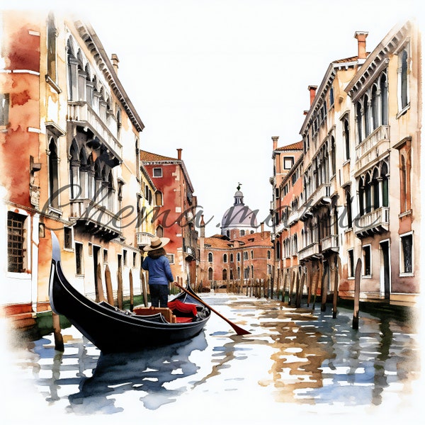 Pack 10 Venice canals gondolas paintings images, clipart, digital download, 10 JPG high quality 4096x4096 - 300 DPI, for digital printing