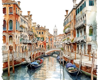 Pack 10 Venice Italy canal paintings images, clipart, digital download, 10 JPG High Quality 4096x4096 - 300 DPI, architectural art.